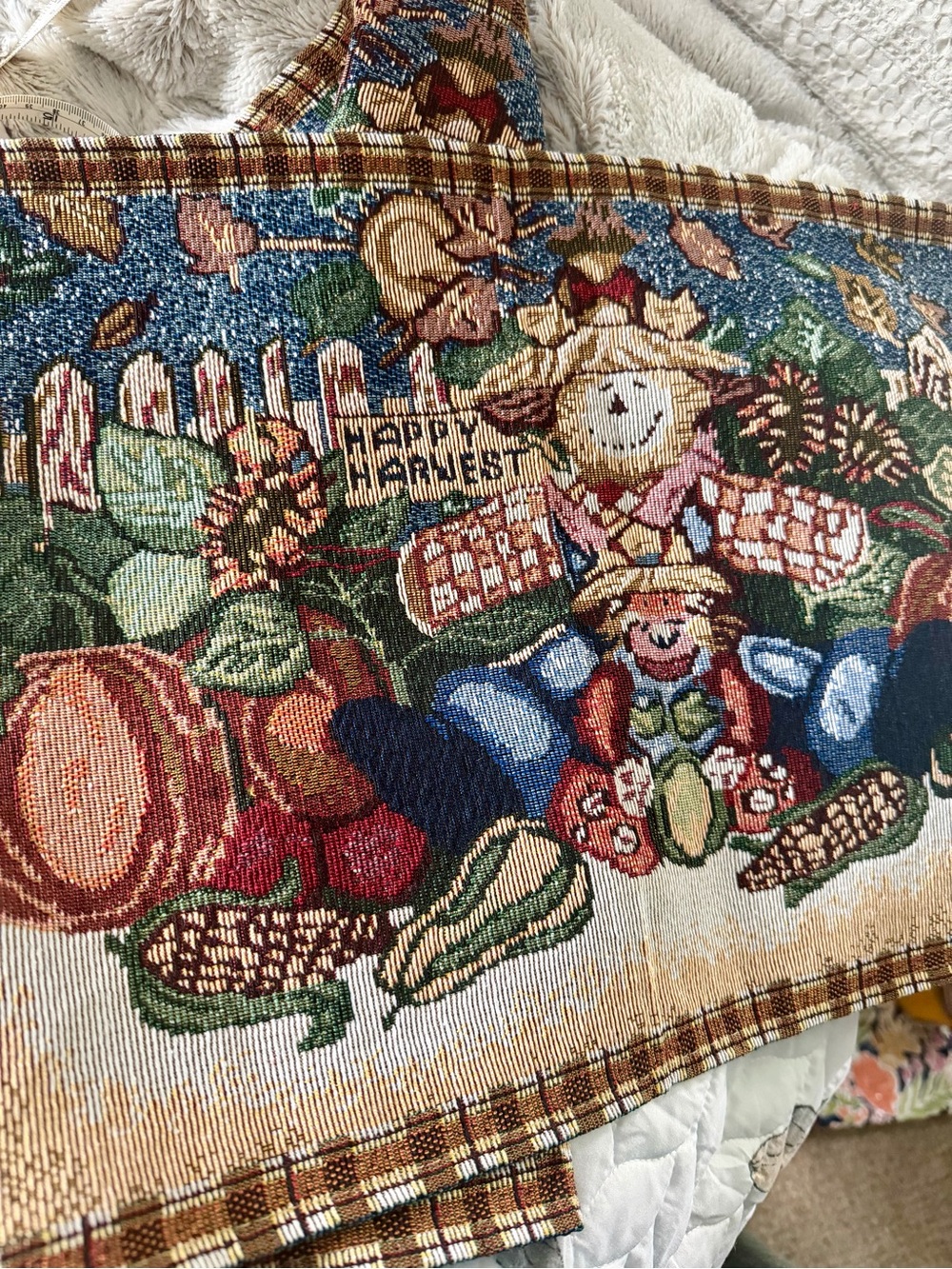 Vintage Woven Tapestry Happy Harvest Scarecrow Table Runner 68”x13”